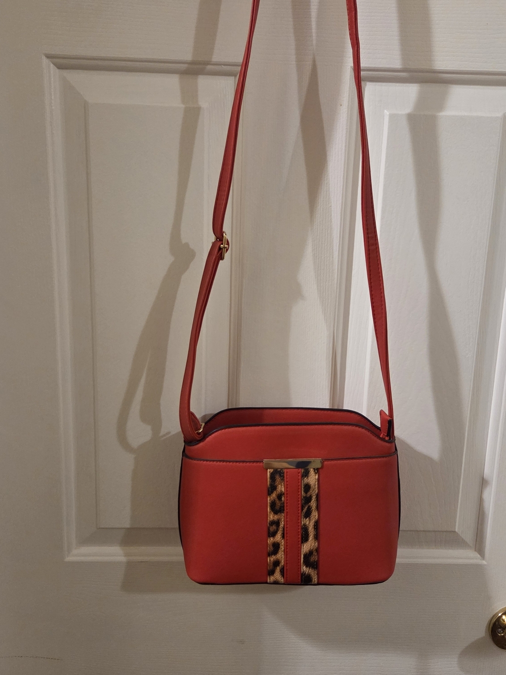 Red Crossbody Bag with Leopard Accent - Women